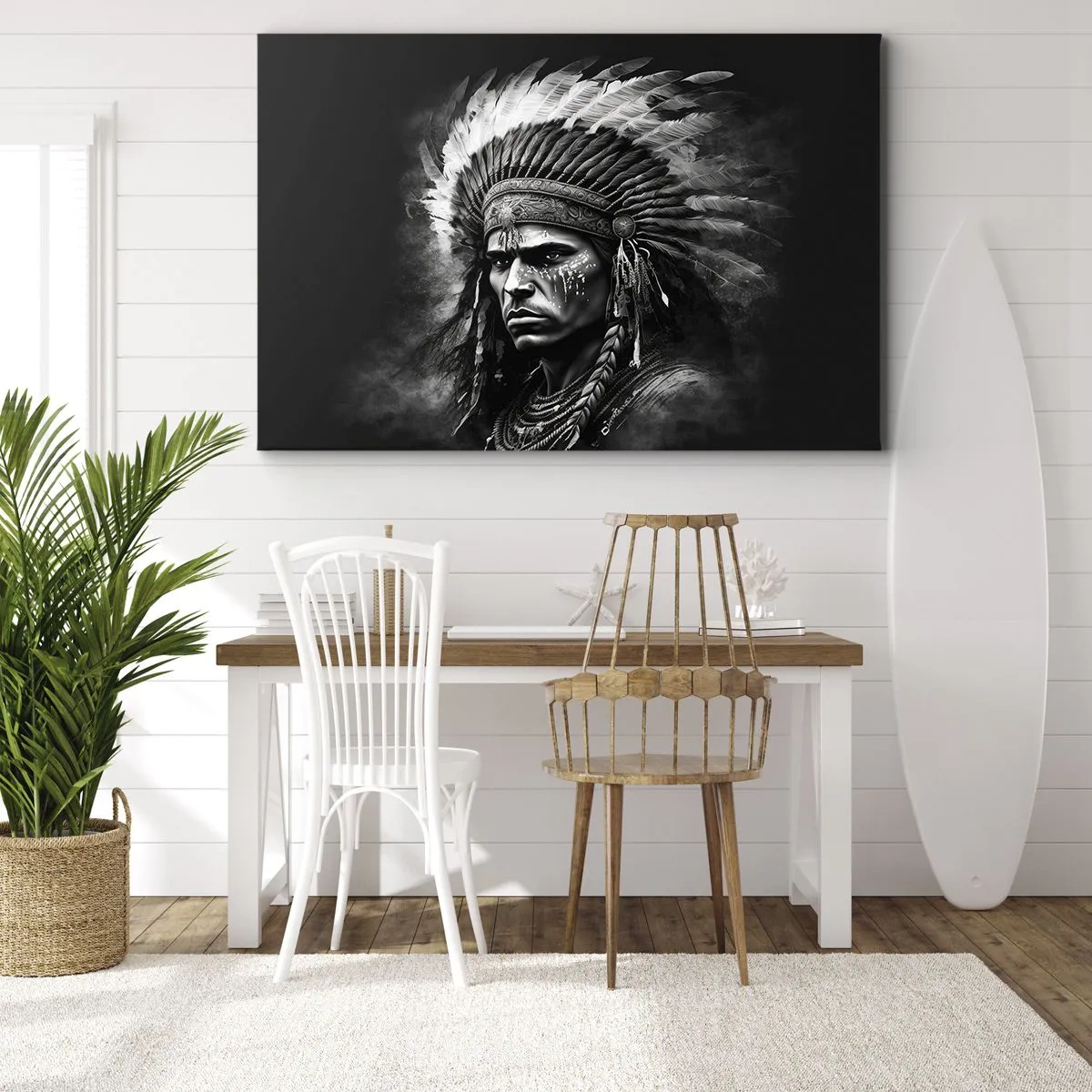 Quadro em tela - Retrato de um chefe com um cocar de penas sobre um fundo preto - 70x50cm - Um líder e um guerreiro - Decoração de parede moderna para a sala de estar e quarto ARTTOR