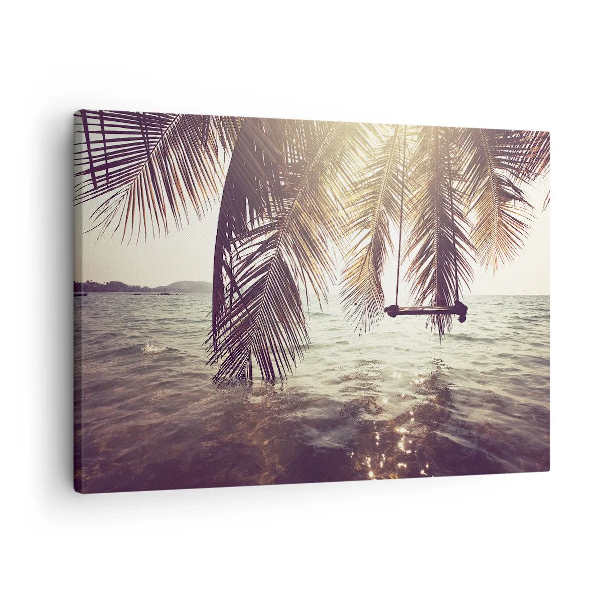 Quadro em tela - Palmeira com balanço sobre a água sob a luz do sol - 70x50cm - Deixe-se levar pela imaginação - Decoração de parede moderna para a sala de estar e quarto ARTTOR