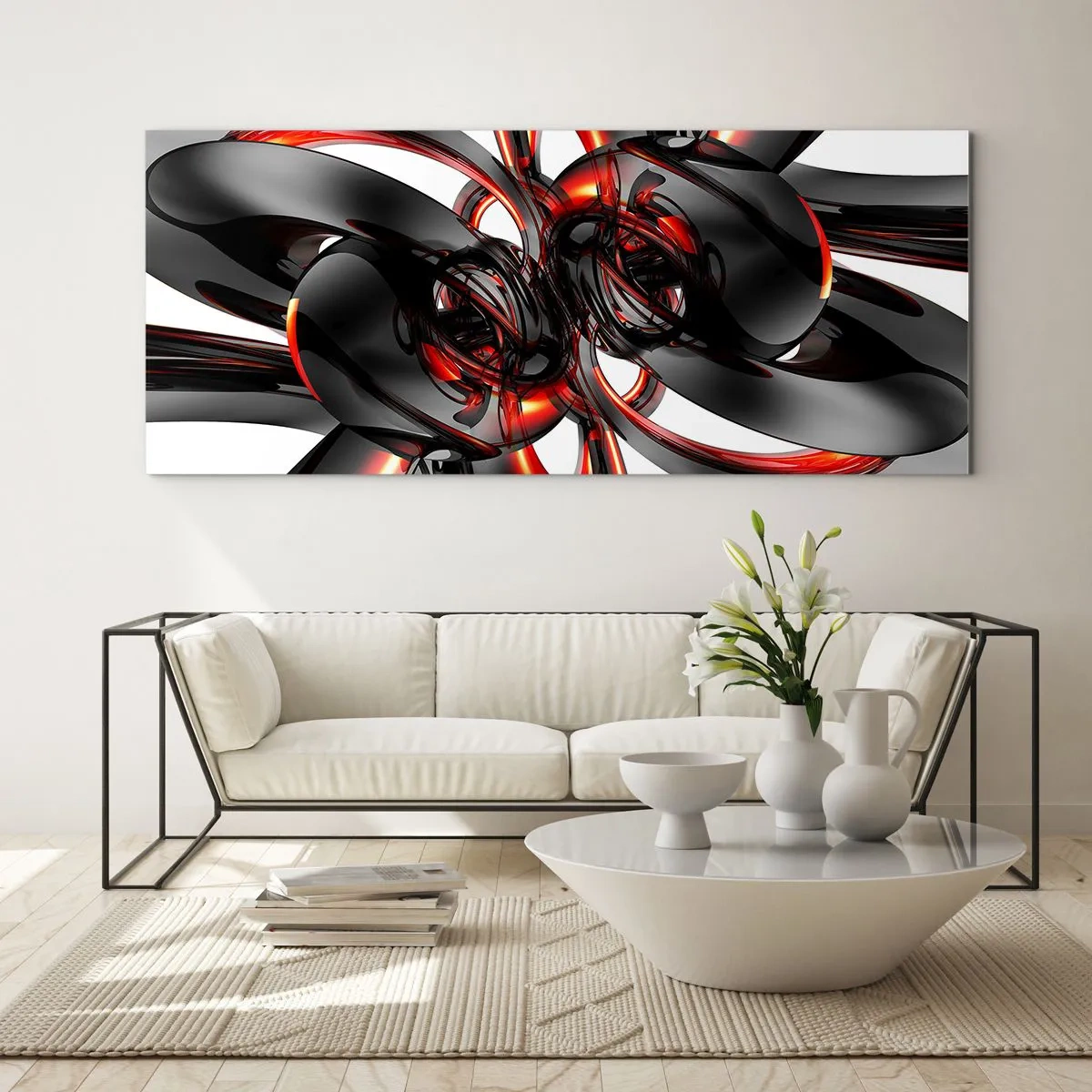 Quadro em vidro - Movimento em grafite e vermelho - 90x30 cm