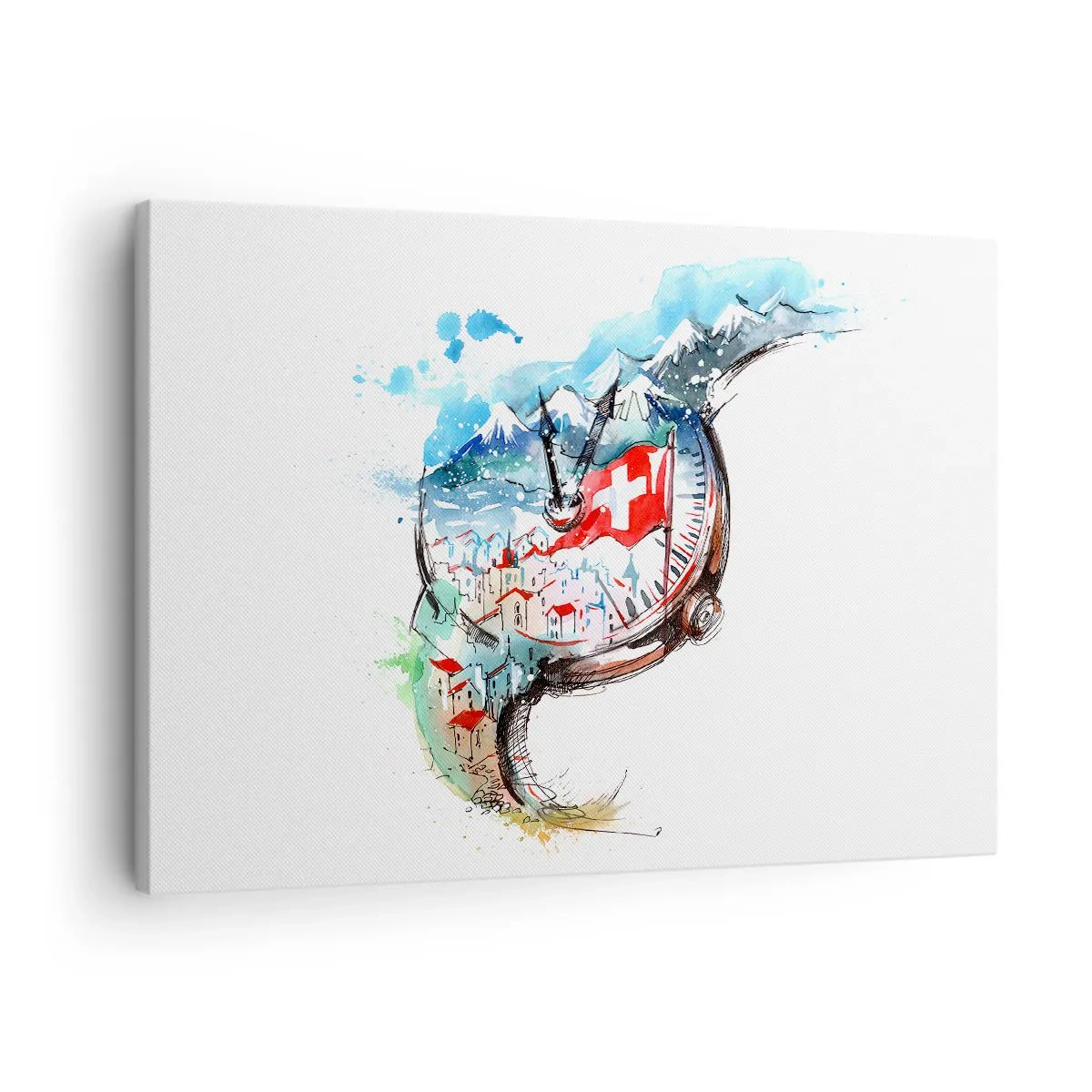 Quadro em tela - Uma paisagem em aquarela da Suíça com um design mecânico - 70x50cm - O Espírito da Suíça - Decoração de parede moderna para a sala de estar e quarto ARTTOR