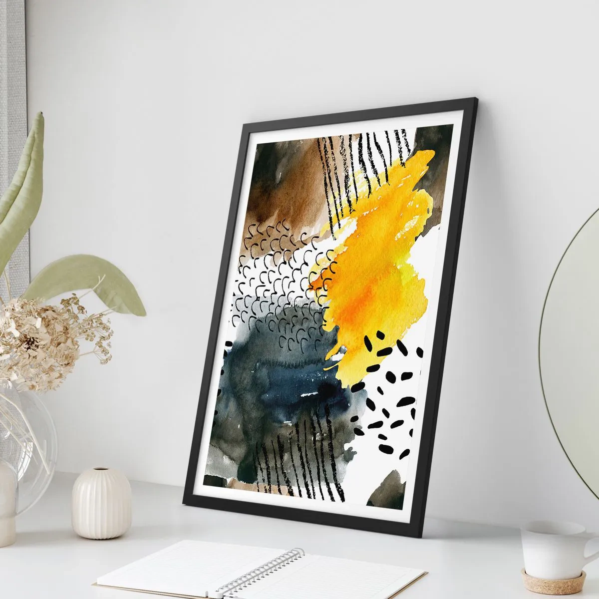 Pôster com moldura preta - Composição abstrata em tons de amarelo e preto - 50x70cm - Reunião dos elementos da natureza - Decoração de parede moderna para a sala de estar e quarto ARTTOR