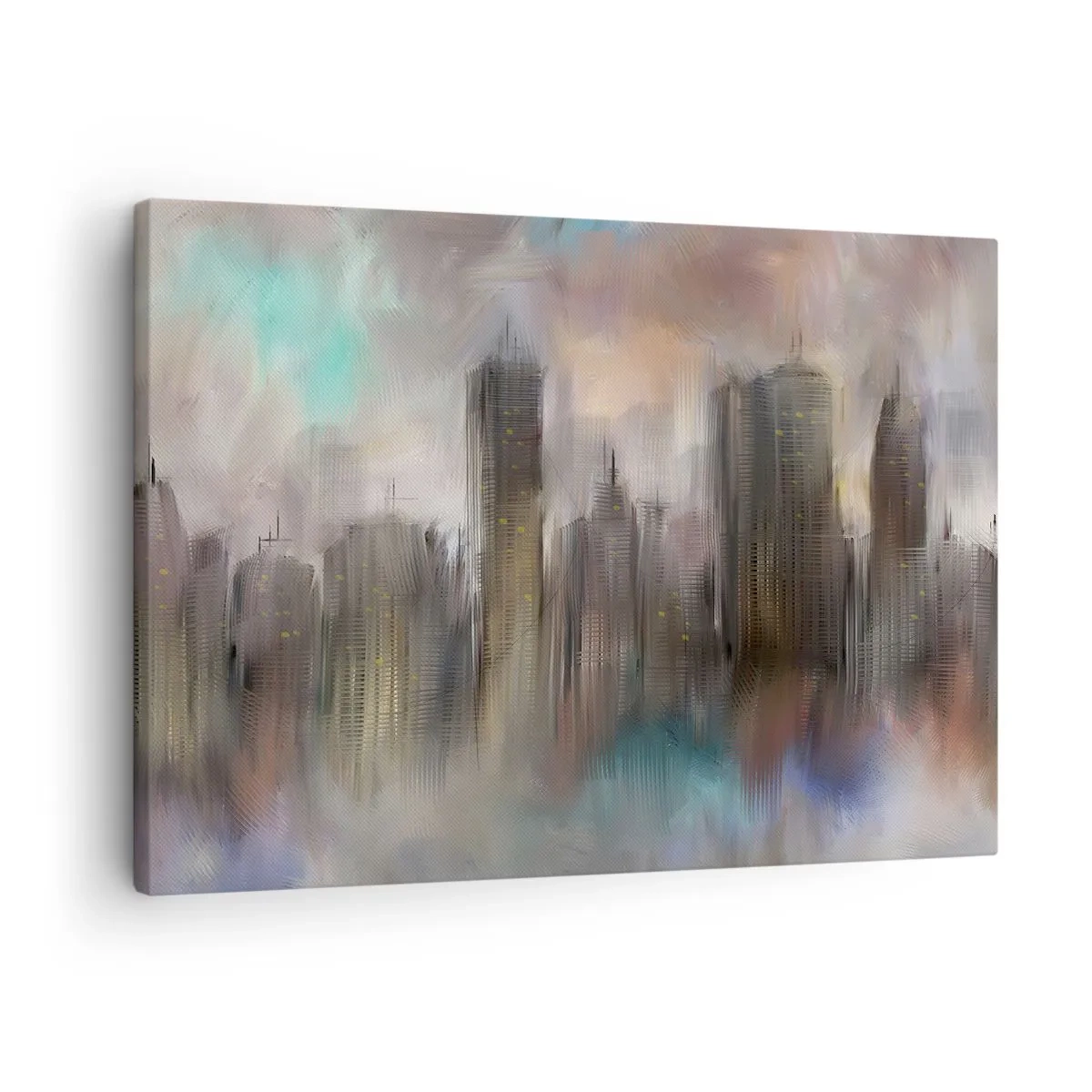 Quadro em tela - Uma visão artística de uma paisagem urbana com arranha-céus em cores pastel. - 70x50cm - Composição de aço, pedra e névoa - Decoração de parede moderna para a sala de estar e quarto ARTTOR
