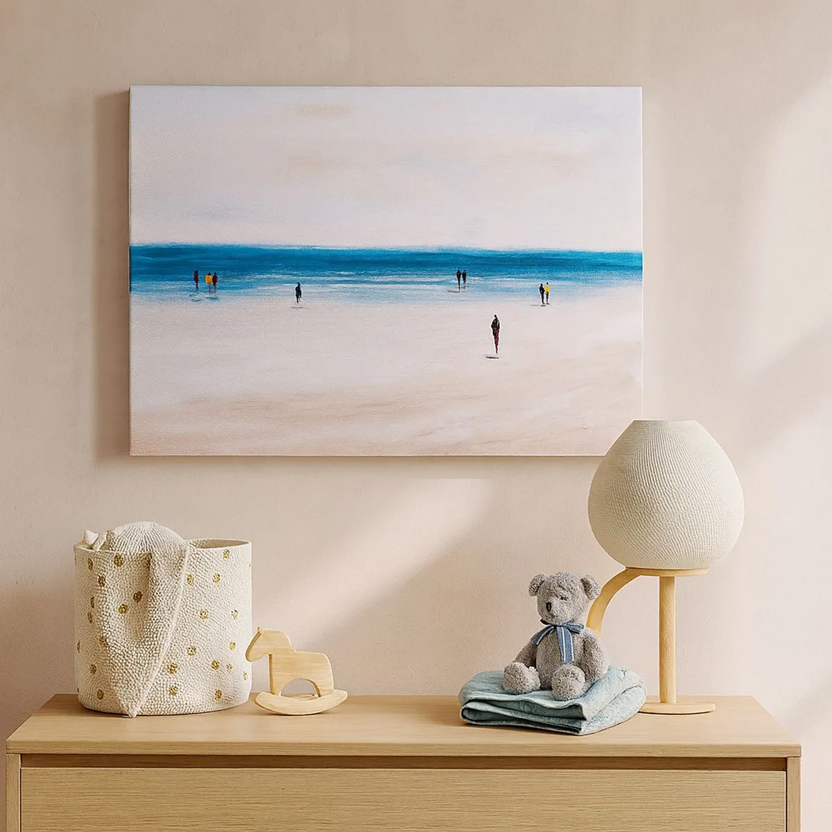 Quadro em tela - Uma praia com pessoas tendo como pano de fundo um mar calmo - 70x50cm - Uma necessidade natural - Decoração de parede moderna para a sala de estar e quarto ARTTOR