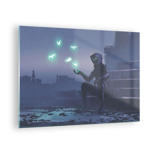Quadro em vidro - Uma figura no escuro cercada por pássaros verdes flutuantes - 70x50cm - A vida vai voltar - Decoração de parede moderna para a sala de estar e quarto ARTTOR