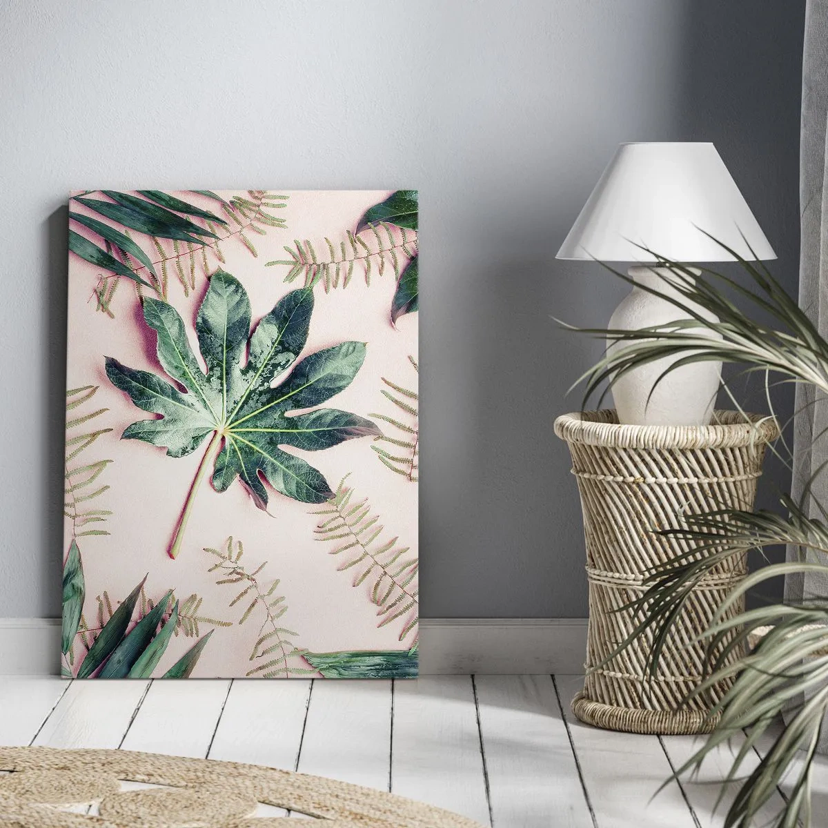 Quadro em tela - Estudo do verde em um fundo rosa - 55x100 cm