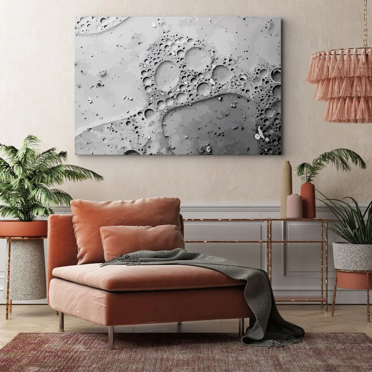 Quadro em tela - Padrão de bolhas em preto e branco em estilo minimalista - 70x50cm - Vestígio de espuma - Decoração de parede moderna para a sala de estar e quarto ARTTOR
