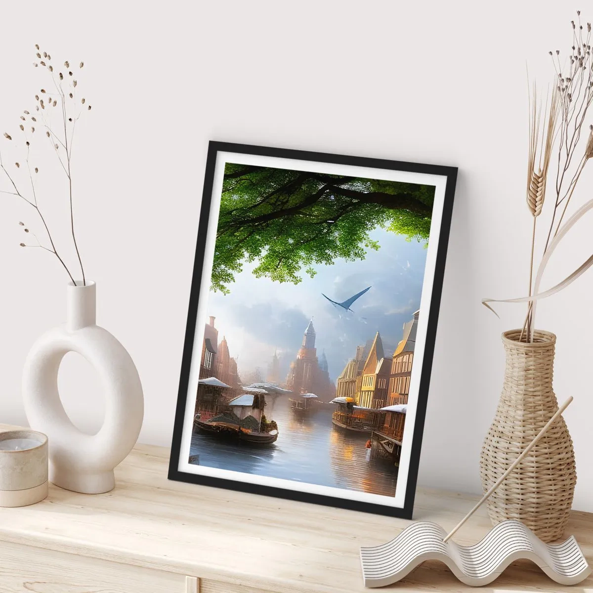 Pôster com moldura preta - Vista pitoresca do canal com arquitetura histórica - 50x70cm - Paisagem urbana holandesa - Decoração de parede moderna para a sala de estar e quarto ARTTOR