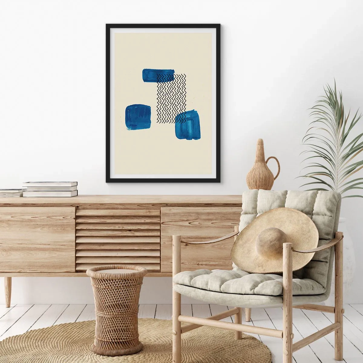 Pôster com moldura preta - Composição abstrata em tons de azul marinho com linhas - 50x70cm - Quarteto abstrato - Decoração de parede moderna para a sala de estar e quarto ARTTOR