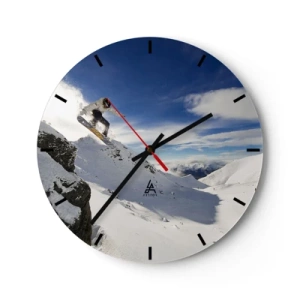 Relógio de parede - Relógio em vidro - Snowboarder em ação com montanhas ao fundo - 30x30cm - Liberdade sem fronteiras - Decoração de parede moderna para a sala de estar, cozinha e quarto ARTTOR