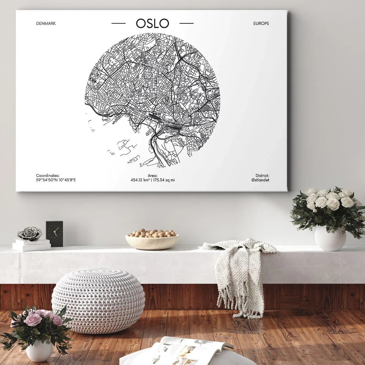 Quadro em tela - Um mapa de Oslo em estilo minimalista em preto e branco. - 70x50cm - Anatomia de Oslo - Decoração de parede moderna para a sala de estar e quarto ARTTOR