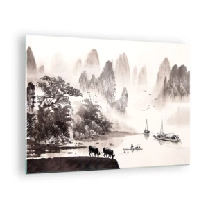 Quadro em vidro - Paisagem chinesa com montanhas, árvores e água - 70x50cm - O cotidiano exótico do Oriente - Decoração de parede moderna para a sala de estar e quarto ARTTOR