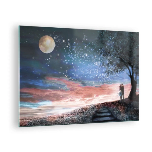 Quadro em vidro - Um casal apaixonado sob uma árvore com a lua e as estrelas - 70x50cm - Espetáculo estrelado - Decoração de parede moderna para a sala de estar e quarto ARTTOR