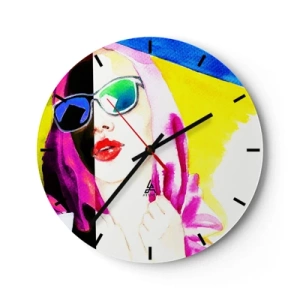 Relógio de parede - Relógio em vidro - Mulher com óculos de pop art - 30x30cm - Eu não sou branca e não sou preta - Decoração de parede moderna para a sala de estar, cozinha e quarto ARTTOR