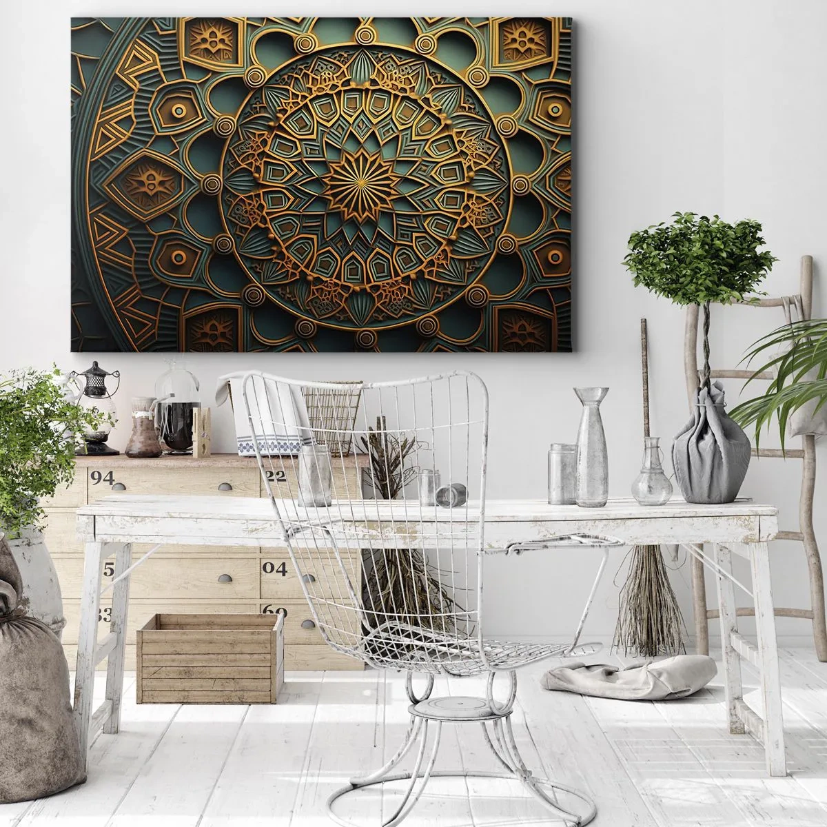 Quadro em tela - Uma mandala dourada sobre um fundo turquesa com detalhes ricos. - 70x50cm - Em uma atmosfera árabe - Decoração de parede moderna para a sala de estar e quarto ARTTOR