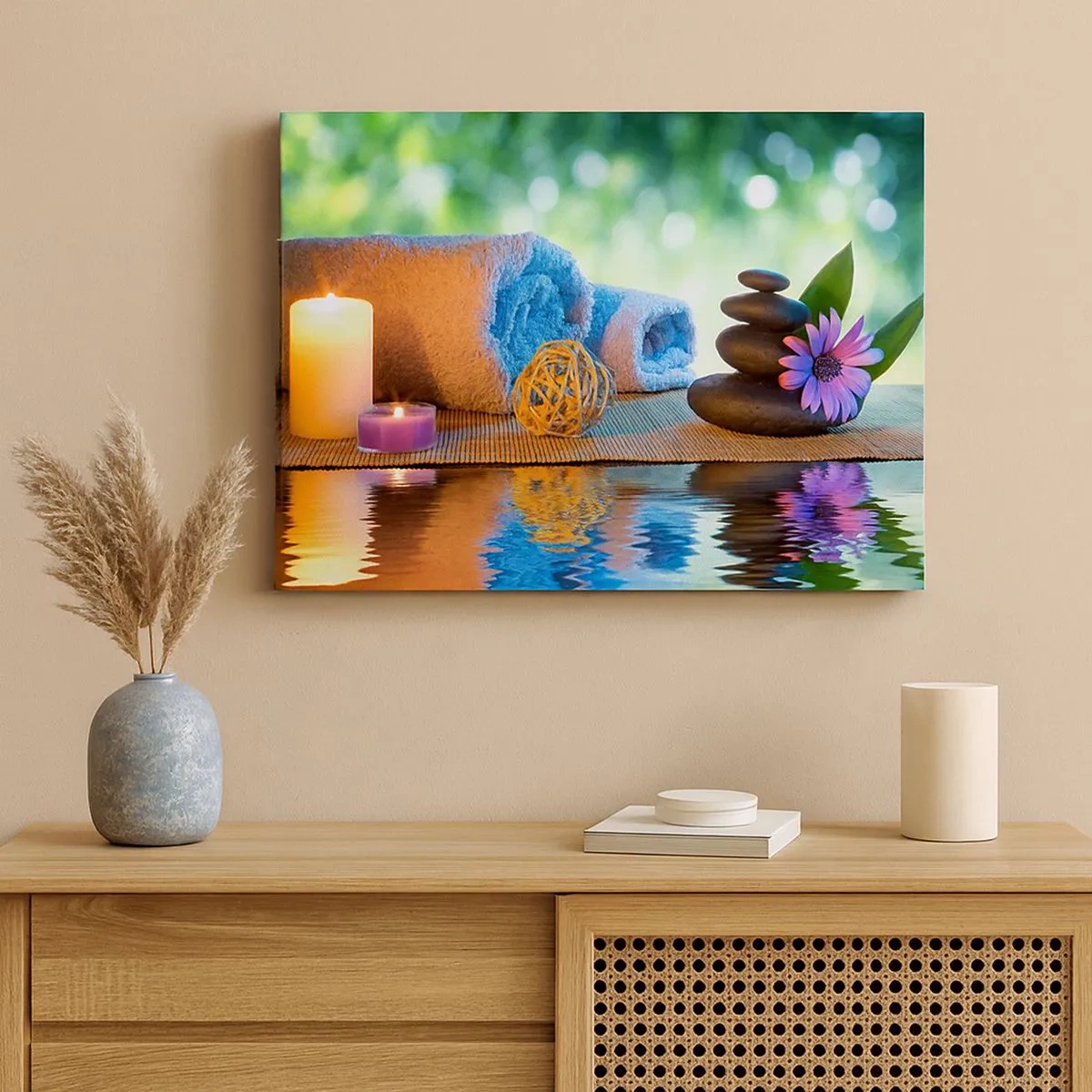 Quadro em tela - Conjunto de SPA relaxante com toalhas, velas e pedras - 70x50cm - Tempo para o corpo - Decoração de parede moderna para a sala de estar e quarto ARTTOR