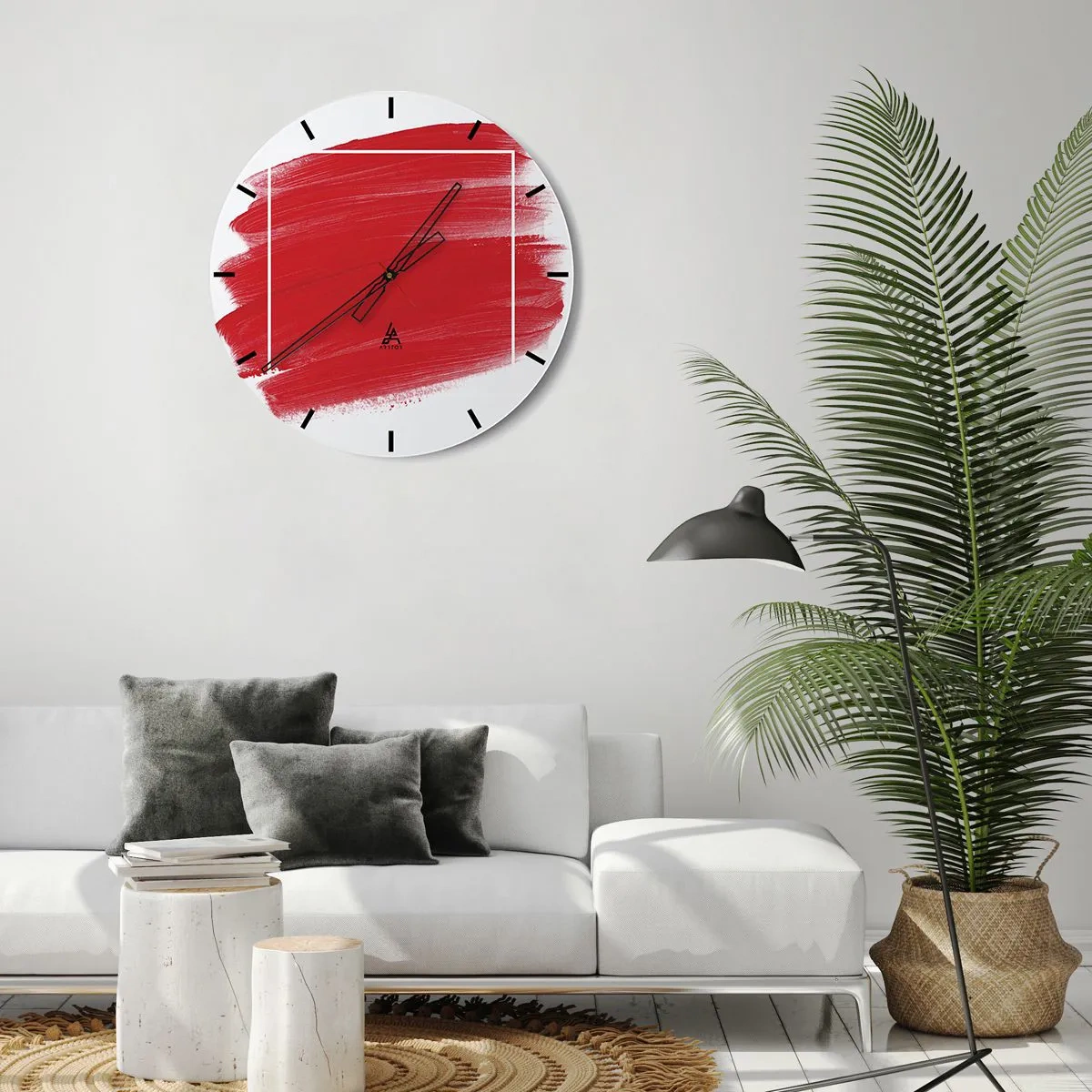 Relógio de parede - Relógio em vidro - Pincelada vermelha cruzando uma borda branca - 30x30cm - Fora do quadro - Decoração de parede moderna para a sala de estar, cozinha e quarto ARTTOR