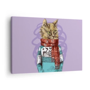 Quadro em tela - Um gato com um suéter e cachecol em um fundo roxo - 70x50cm - Gato não só de botas - Decoração de parede moderna para a sala de estar e quarto ARTTOR
