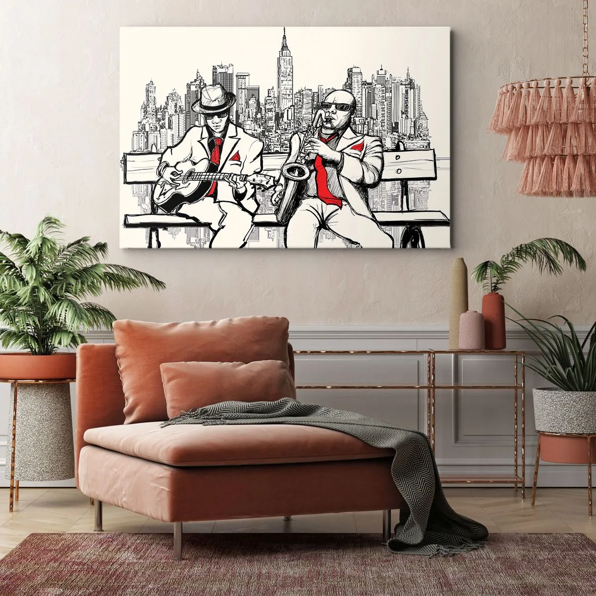 Quadro em tela - Uma dupla de jazz com saxofone e guitarra tendo como pano de fundo a cidade - 70x50cm - Improvisação nova-iorquina - Decoração de parede moderna para a sala de estar e quarto ARTTOR