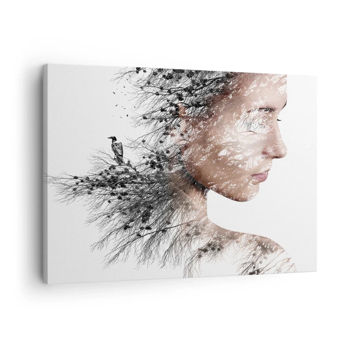 Quadro em tela - Silhueta de uma mulher com um galho e um motivo de pássaro ao fundo - 70x50cm - Espírito da floresta - Decoração de parede moderna para a sala de estar e quarto ARTTOR