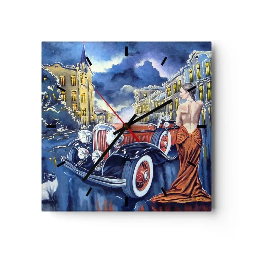 Relógio de parede - Relógio em vidro - Música instrumental em azul e coral - 30x30 cm