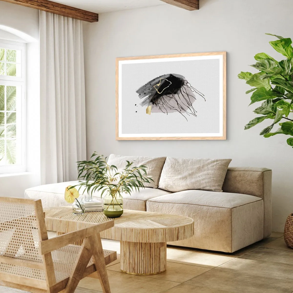 Pôster com moldura de carvalho claro - A preto e dourado - 50x40 cm