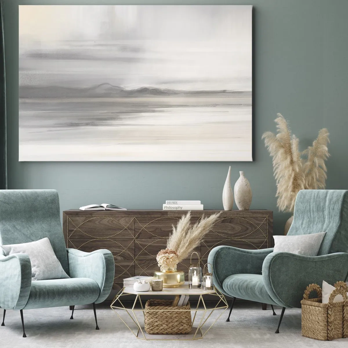 Quadro em tela - Uma paisagem sutil em tons de cinza e bege - 70x50cm - Distância pensativa - Decoração de parede moderna para a sala de estar e quarto ARTTOR
