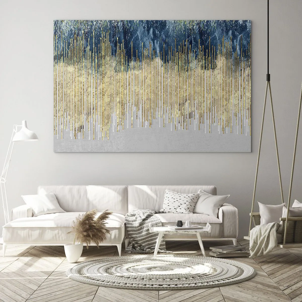 Quadro em vidro - Linhas verticais douradas sobre um fundo de floresta azul escuro - 70x50cm - Borda dourada - Decoração de parede moderna para a sala de estar e quarto ARTTOR