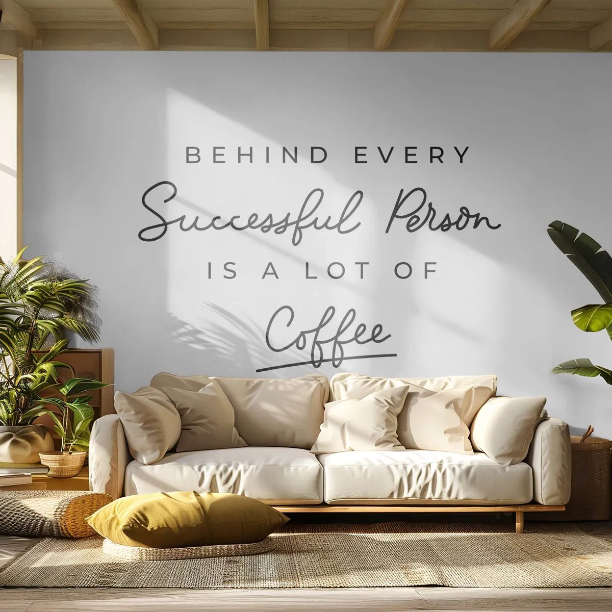 Papel de Parede Standard Eco - Citação motivacional sobre sucesso e café em um fundo branco - 100x70cm - O segredo do sucesso - Decoração de parede moderna para a sala de estar e quarto ARTTOR