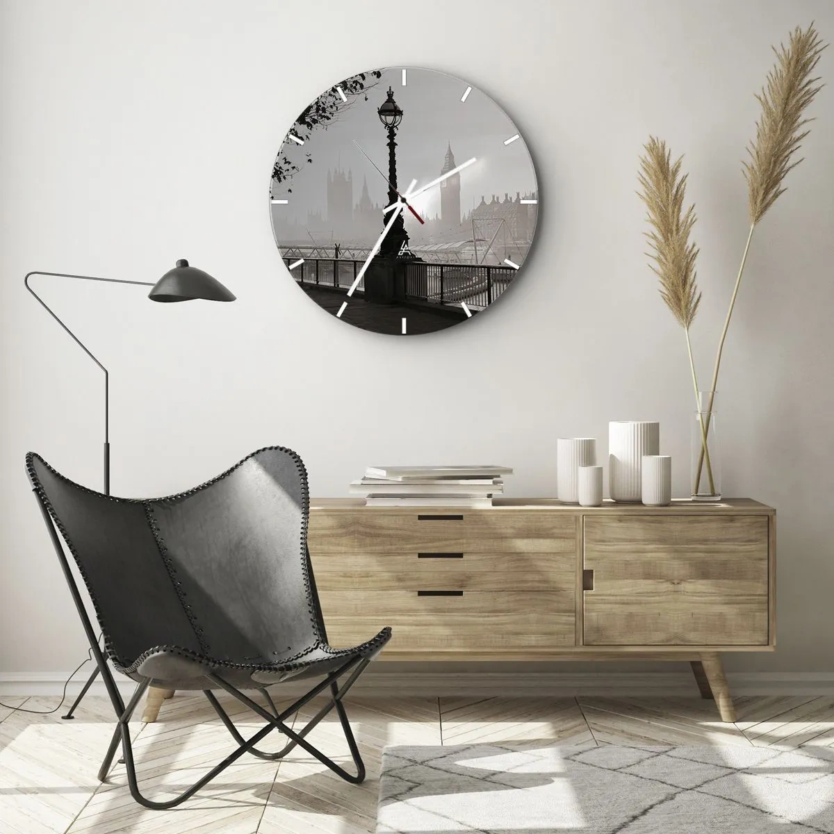 Relógio de parede - Relógio em vidro - Um farol no Tâmisa com o horizonte de Londres ao fundo - 30x30cm - Manhã Londrina - Decoração de parede moderna para a sala de estar, cozinha e quarto ARTTOR