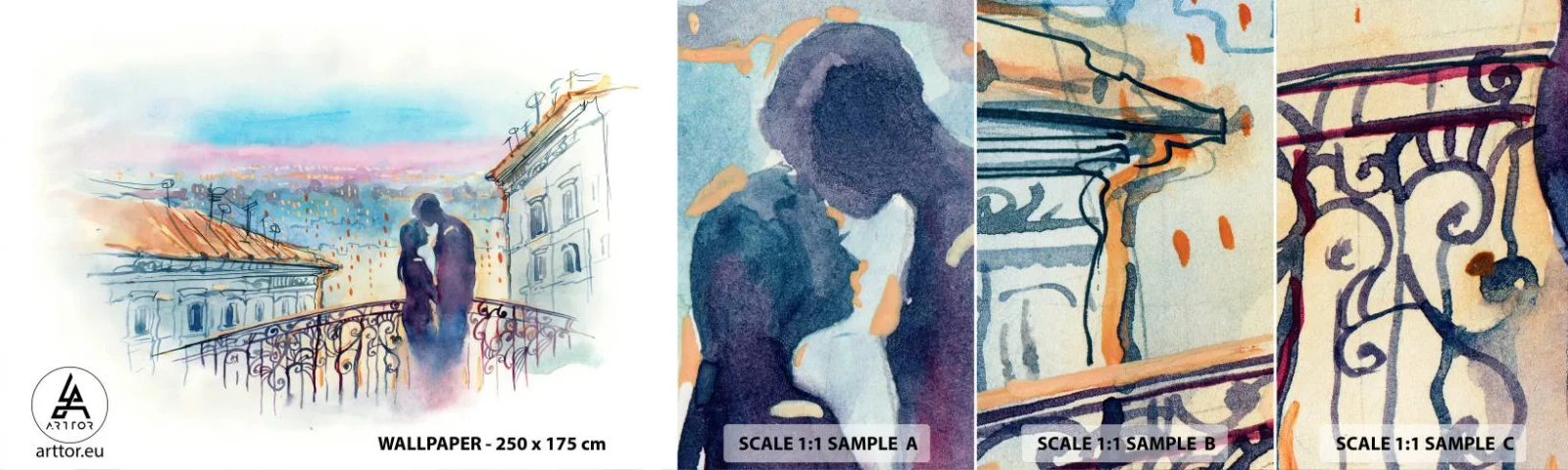 Amostra de Papel de Parede Standard Eco - Amantes parisienses - Arquitetura, Cidade, Casal de namorados - 100x30 cm