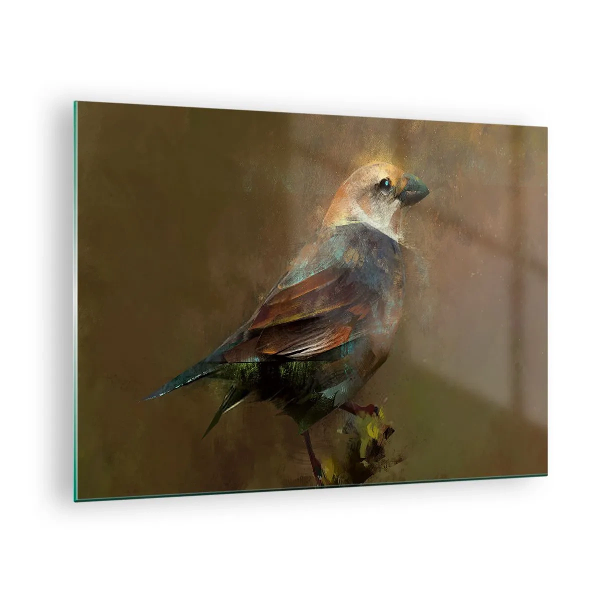 Quadro em vidro - Um pardal em estilo artístico e pictórico sobre um fundo neutro - 70x50cm - Pardal, pequeno passarinho - Decoração de parede moderna para a sala de estar e quarto ARTTOR