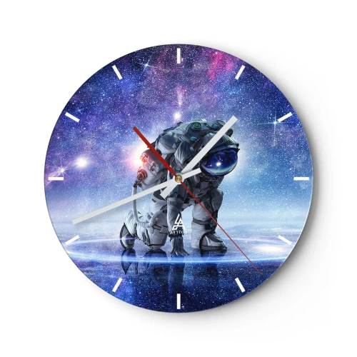 Relógio de parede - Relógio em vidro - Um astronauta tendo como pano de fundo uma galáxia cósmica em cores intensas. - 30x30cm - Céu estrelado acima de mim - Decoração de parede moderna para a sala de estar, cozinha e quarto ARTTOR