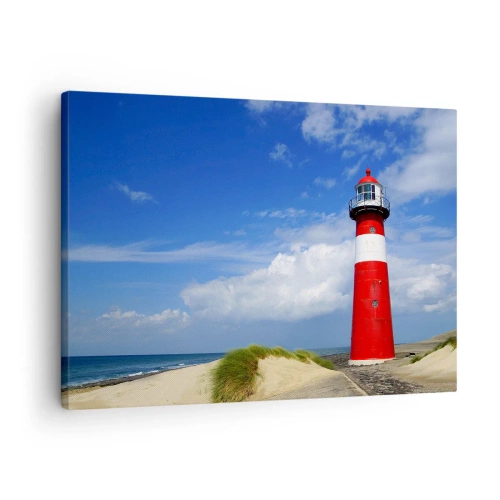 Quadro em tela - Farol vermelho na praia sob um céu azul - 70x50cm - Solidão dos sonhos - Decoração de parede moderna para a sala de estar e quarto ARTTOR