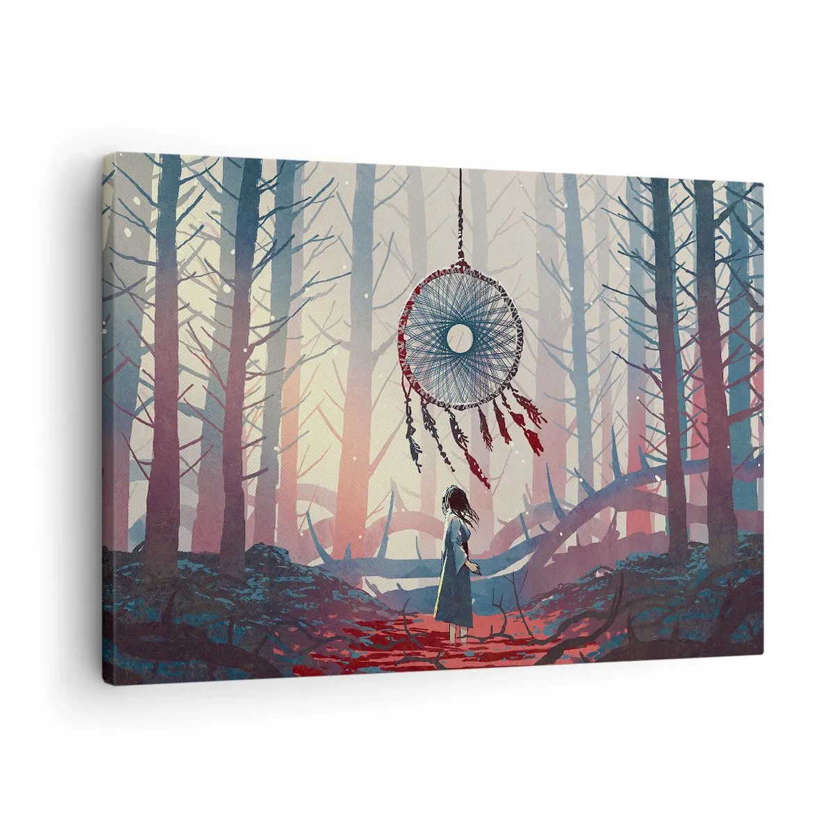 Quadro em tela - Cena de floresta com um apanhador de sonhos gigante - 70x50cm - O ritual secreto da felicidade - Decoração de parede moderna para a sala de estar e quarto ARTTOR