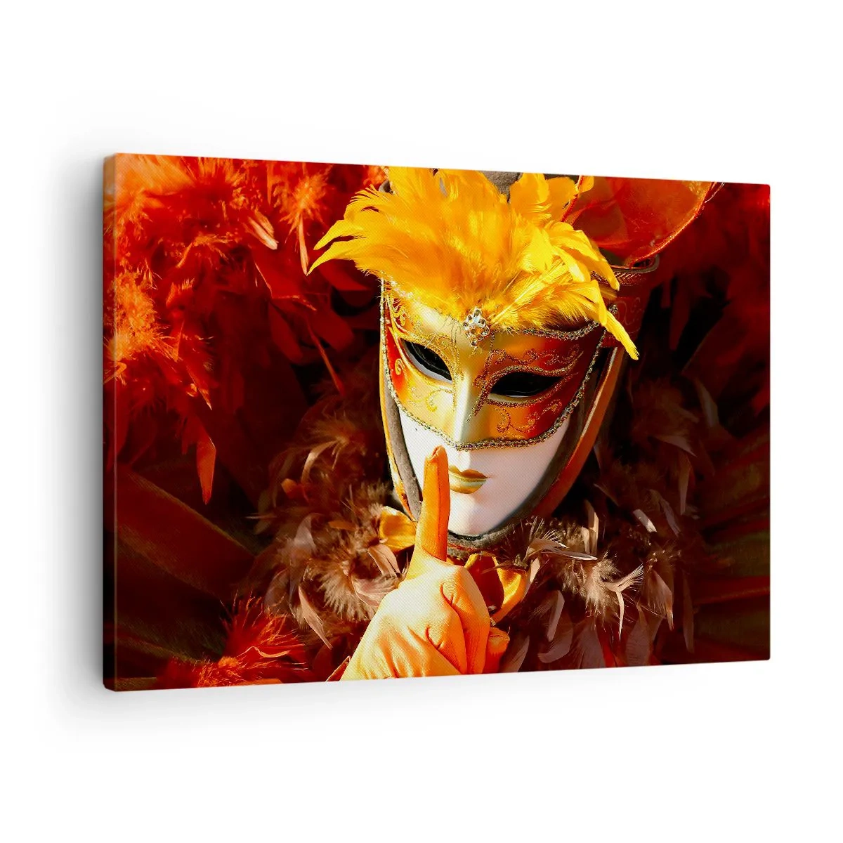 Quadro em tela - Máscara de carnaval em tons de dourado e laranja - 70x50cm - O mistério faz parte do jogo - Decoração de parede moderna para a sala de estar e quarto ARTTOR
