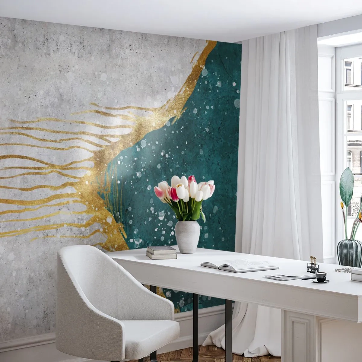 Papel de Parede Autocolante Deluxe Sticker - Maré Dourada - Minimalismo, Art Deco, Pedaço - 200x140 cm