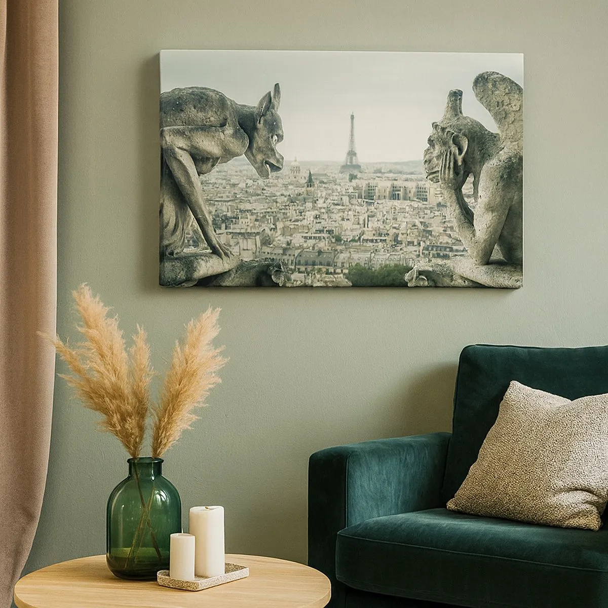 Quadro em tela - Gárgulas com vista para o horizonte de Paris e a Torre Eiffel - 70x50cm - Conversas parisienses - Decoração de parede moderna para a sala de estar e quarto ARTTOR