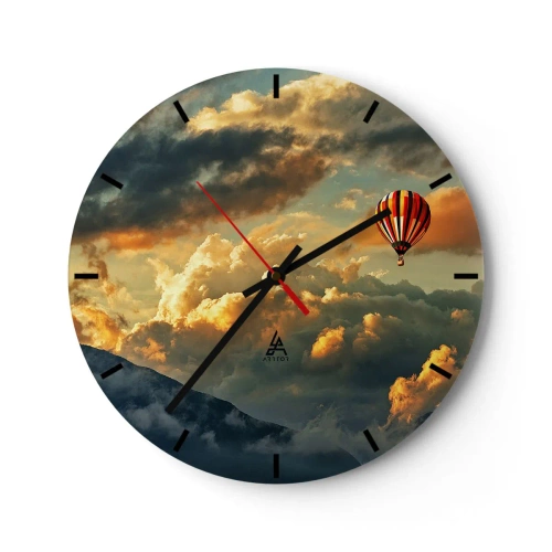 Relógio de parede - Relógio em vidro - Um balão flutuando entre as nuvens ao pôr do sol - 30x30cm - Eu voo porque sou livre - Decoração de parede moderna para a sala de estar, cozinha e quarto ARTTOR
