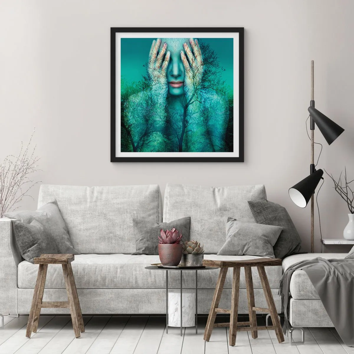 Pôster com moldura preta - Imersa em azul - 40x40 cm