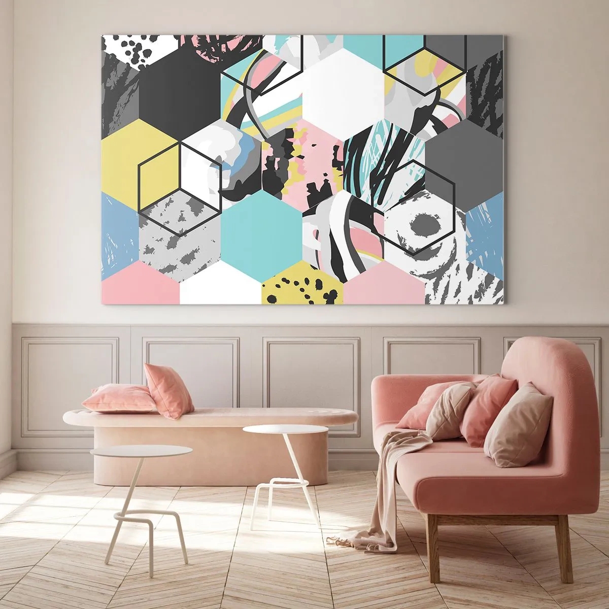 Quadro em vidro - Hexágonos e cubos em seis cores - 100x70 cm