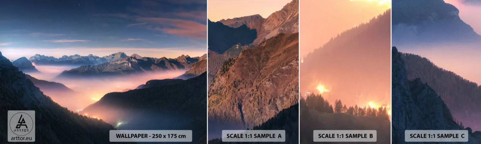 Amostra de Papel de Parede Standard Eco - Luz nos vales - Paisagem, Montanhas, Floresta - 100x30 cm