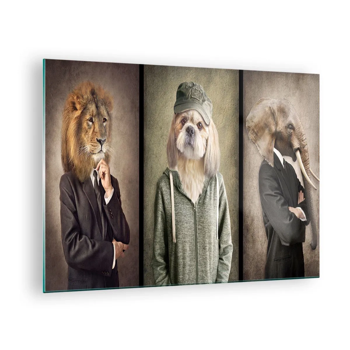 Quadro em vidro - Três animais em vários estilos, do elegante ao casual - 70x50cm - Prefiro relaxar - Decoração de parede moderna para a sala de estar e quarto ARTTOR