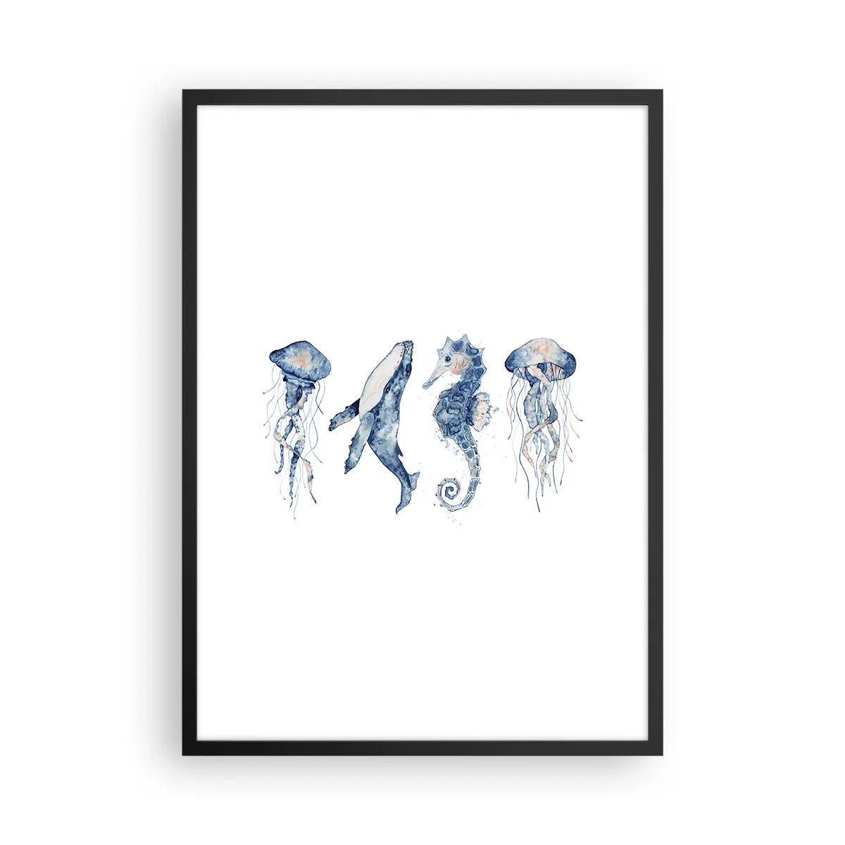 Pôster com moldura preta - Animais marinhos em estilo aquarela - 50x70cm - Maravilhas do mar - Decoração de parede moderna para a sala de estar e quarto ARTTOR