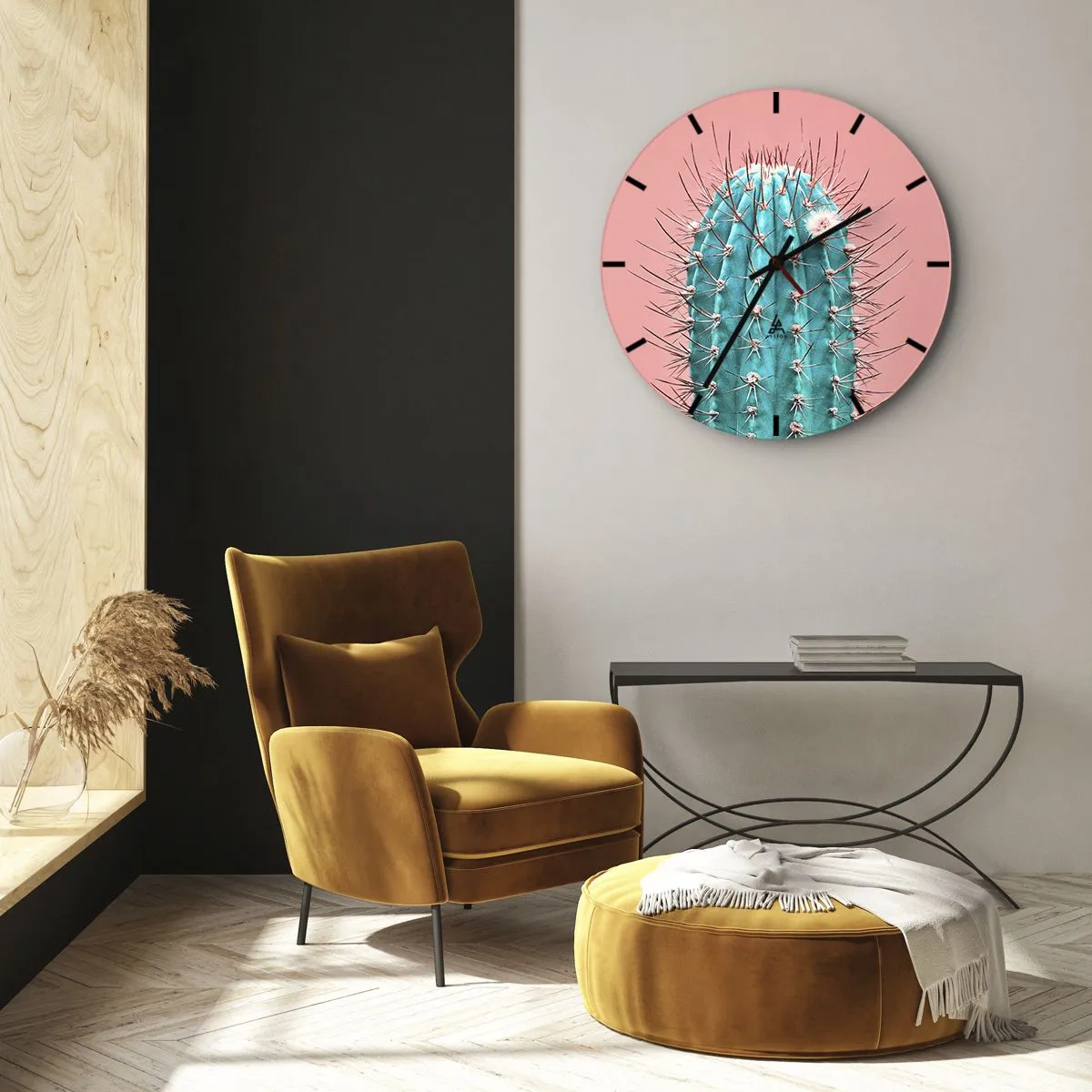 Relógio de parede - Relógio em vidro - Close-up de um cacto turquesa em um fundo rosa - 30x30cm - Apenas olhe - Decoração de parede moderna para a sala de estar, cozinha e quarto ARTTOR