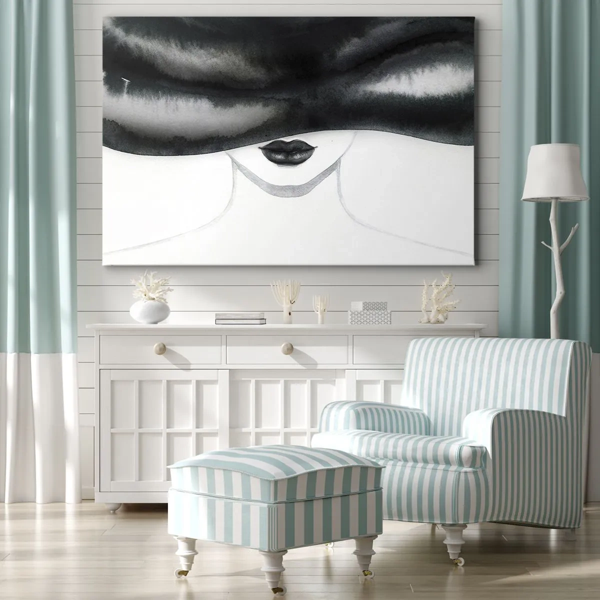 Quadro em tela - Um retrato sutil de uma mulher com o rosto coberto em estilo monocromático. - 70x50cm - Mistério sensual - Decoração de parede moderna para a sala de estar e quarto ARTTOR