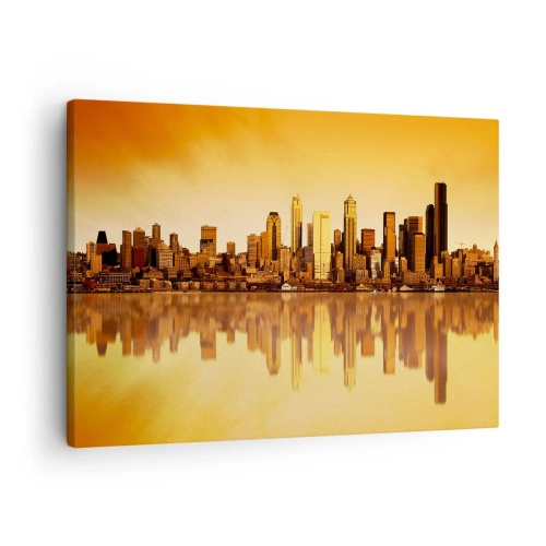 Quadro em tela - Panorama da cidade refletido na água ao pôr do sol - 70x50cm - Silêncio da metrópole - Decoração de parede moderna para a sala de estar e quarto ARTTOR