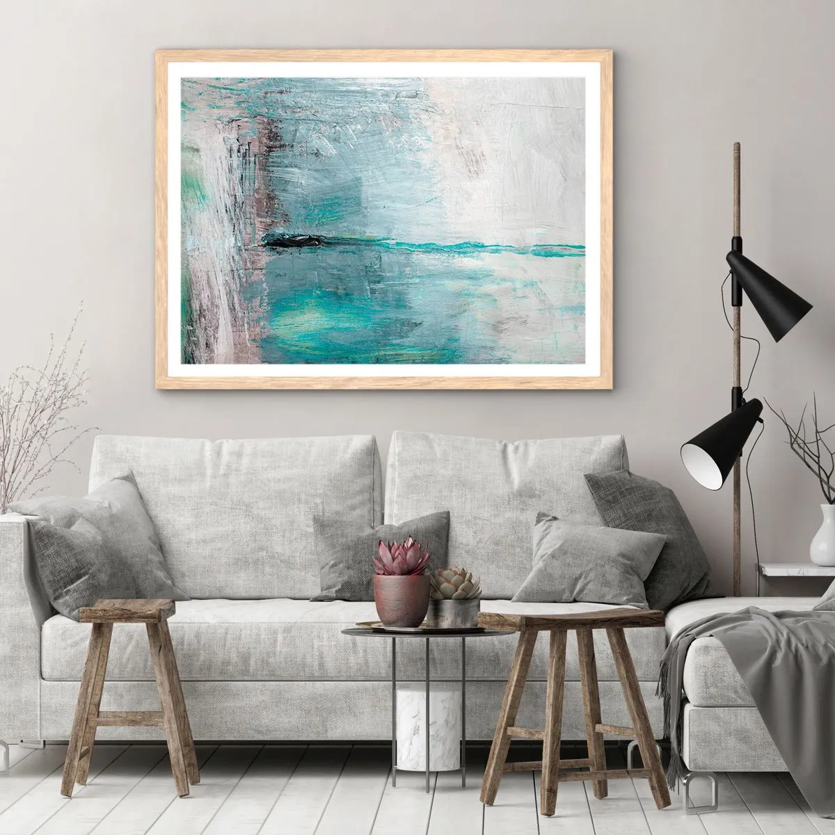 Pôster com moldura de carvalho claro - Horizontalmente em azul - 50x40 cm