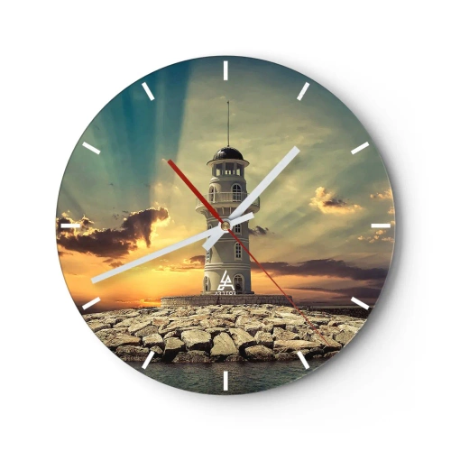 Relógio de parede - Relógio em vidro - Farol com o pôr do sol como pano de fundo - 30x30cm - Luz - Bondade - Beleza - Decoração de parede moderna para a sala de estar, cozinha e quarto ARTTOR