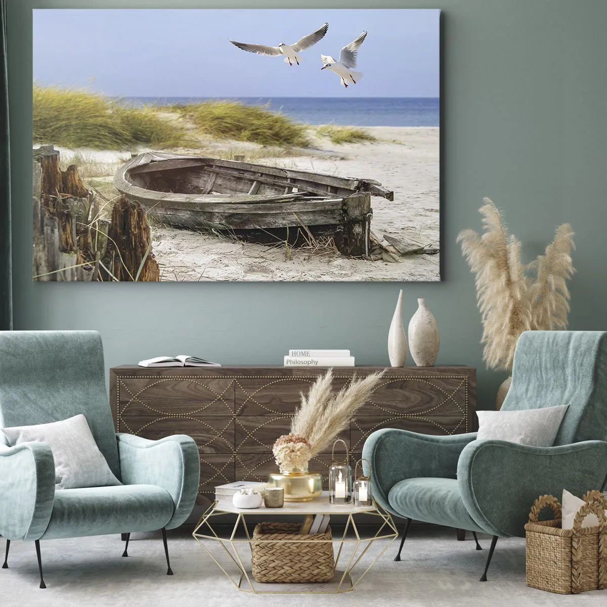 Quadro em tela - Barco abandonado em uma praia com gaivotas - 70x50cm - Banhado pelo vento - Decoração de parede moderna para a sala de estar e quarto ARTTOR