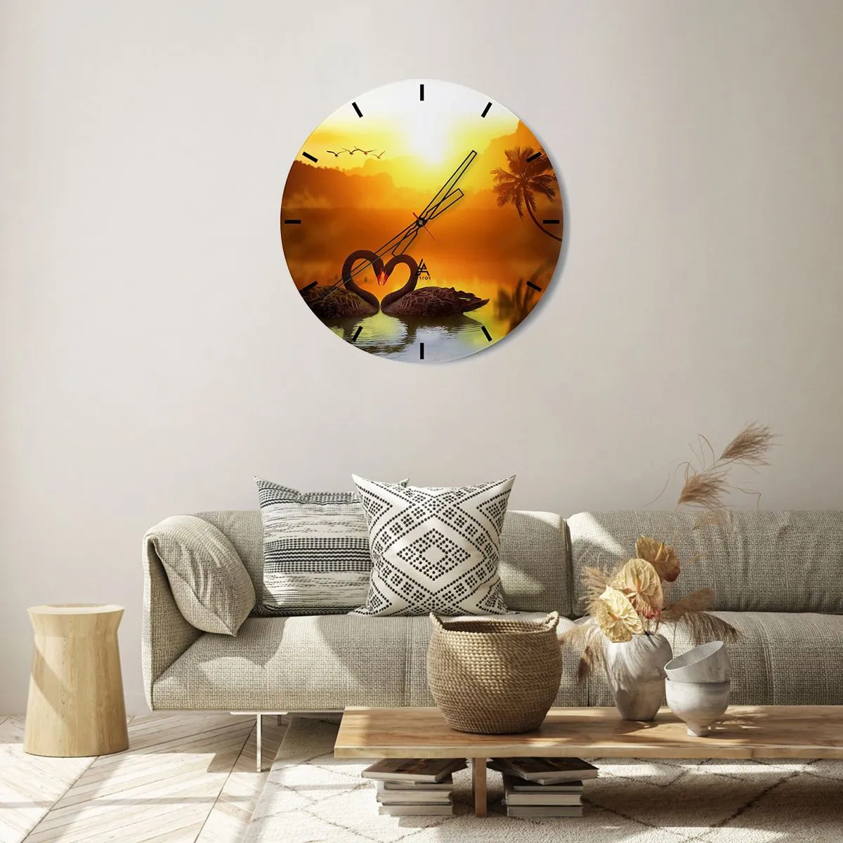 Relógio de parede - Relógio em vidro - Dois cisnes negros em um lago ao pôr do sol - 30x30cm - Tudo para o casal - Decoração de parede moderna para a sala de estar, cozinha e quarto ARTTOR